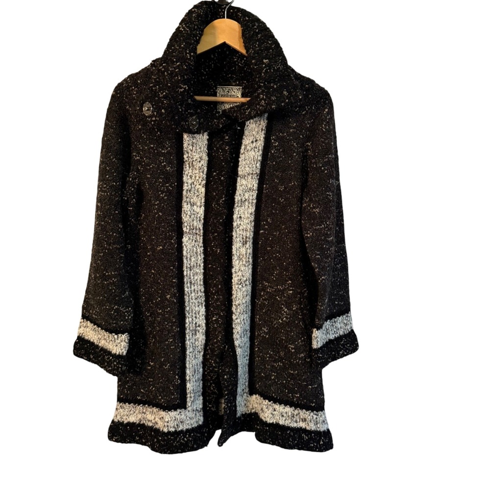 Curio Women L Wool Blend Cardigan Sweater Coat Black Gray Boho Artsy Chunky Knit